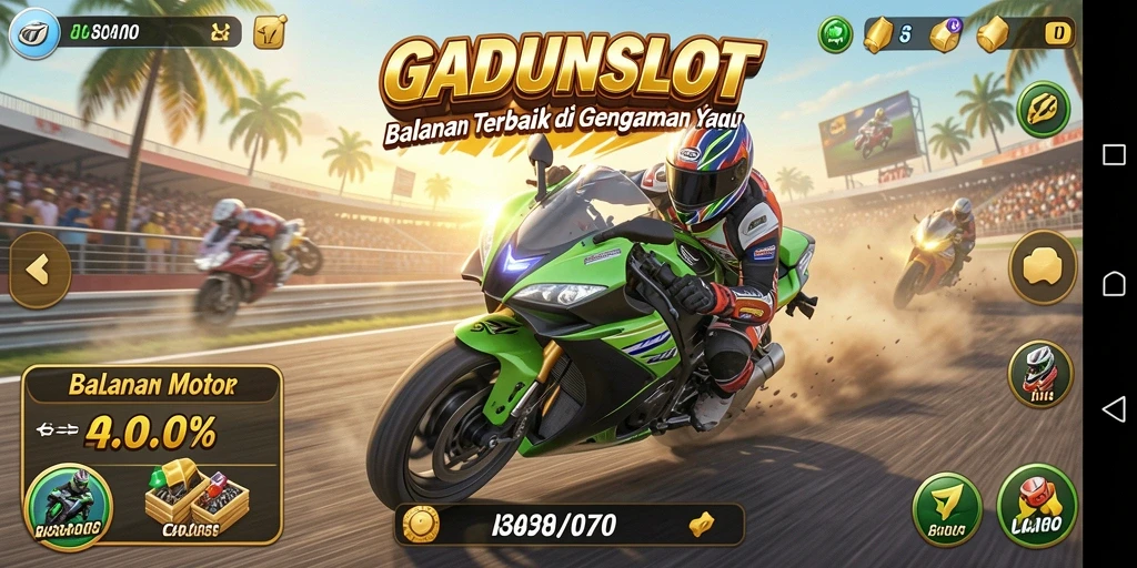 Gameplay GADUNSLOT yang seru dan mendebarkan di trek balapan.