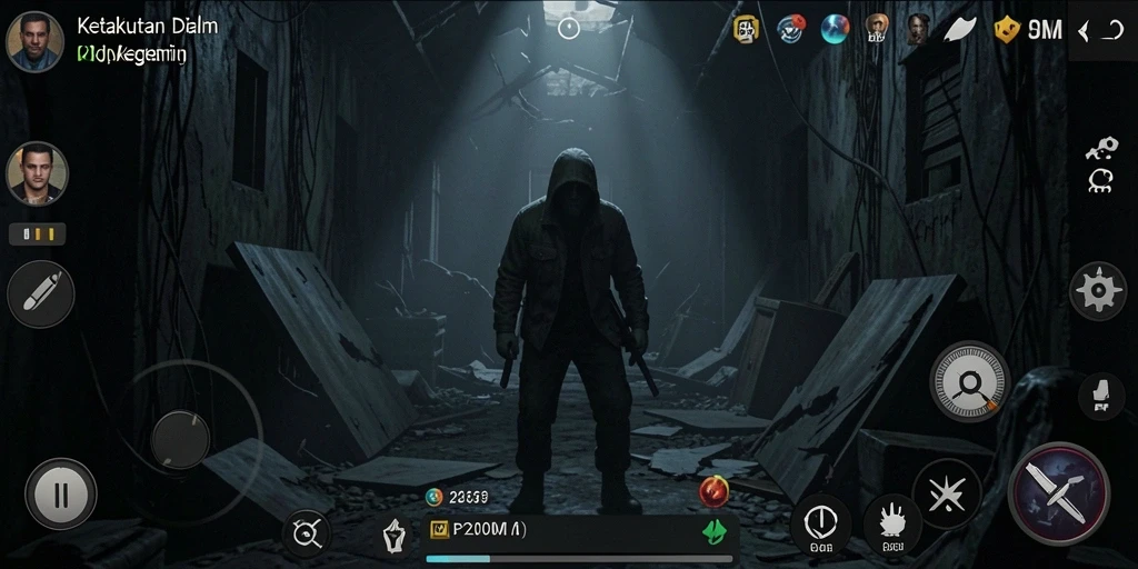 Tampilan gameplay menakutkan dengan suasana gelap dan menegangkan.